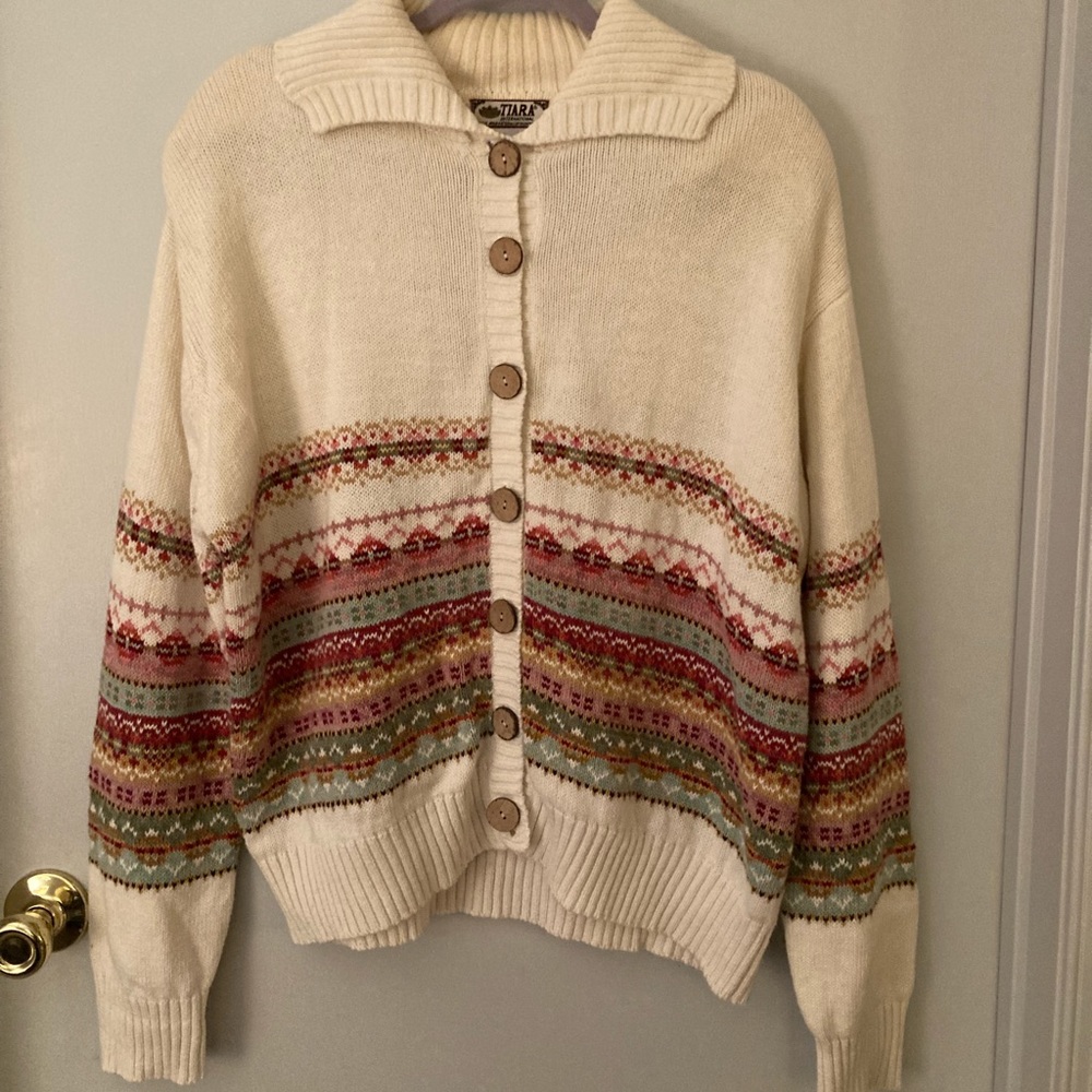 Tiara brand 90’s retro vintage cottage core cream colorful knit sweater size xl